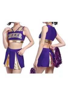 Purple gold cheerleading uniform set for women, short crop top and pleated skirt performance.