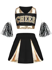 Kids adults cheerleading uniform set crop top pleated skirt and pompoms performance