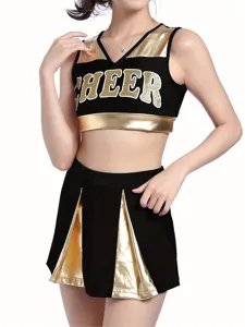 Professional cheerleading uniform crop top and pleated skirt set for dance performance.
