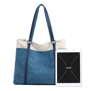 Blue and white canvas tote bag for women, casual shoulder bag with dual handles for daily use.