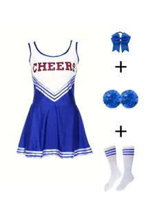 Kids cheerleading costume set includes dress hair bow pompoms and socks for performance.