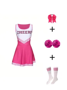 Kids pink cheerleading costume set with dress bow pom poms and socks for performance