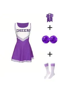 Kids cheerleading uniform set featuring purple dress, hair bow, pom poms and socks for girls.