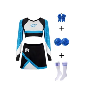 Costume Cosplay de Pom-Pom Girl Euphoria pour Femmes Haut Court à Manches Longues et Jupe Bleu Blanc Bloc de Couleur