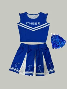 Detailed view of the blue cheerleading crop top and pleated skirt set with cute moon prints.