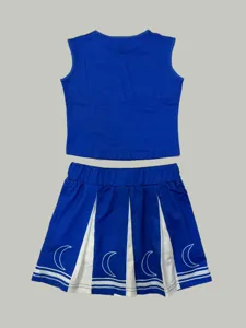 Blue cheerleading uniform set detail, sleeveless crop top and pleated skirt with moon.