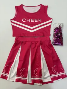 Adult pink cheerleading costume set featuring crop top, pleated skirt and shiny pom poms.
