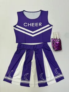 Purple and white cheerleading uniform top and pleated skirt detail view with cheer print.