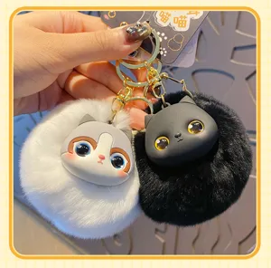Süßer flauschiger Cartoon Katzen Schlüsselanhänger Plüsch Pompom Tasche für Damen und Mädchen
