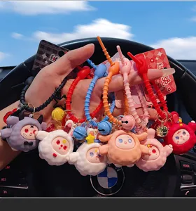 Cute cartoon fluffy animal keychain backpack charm set, colorful silicone strap pendant.