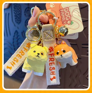 Cute wooden style dog family keychain creative car key ring couple bag pendant gift