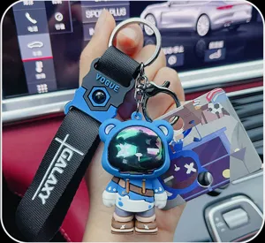 Trendy cute blue cartoon bear epoxy keychain detail shot, stylish bag and car key charm pendant.