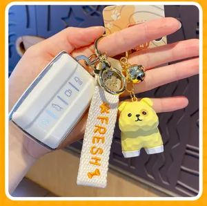 Cute wooden style dog keychain detail view, creative car key ring and lovely bag pendant accessory.