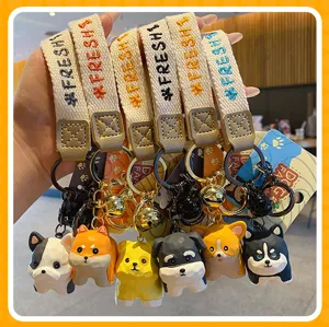 Cute geometric style dog keychain set with canvas strap, creative car key ring and bag pendant.