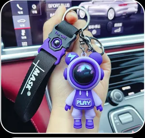 Cute purple astronaut bear keychain with black lanyard trendy cool bag pendant for car keys gifts.