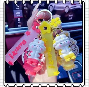Cute rabbit floating liquid keychain for car keys and bag pendant, lovely cartoon style accessory.