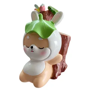 Cute Shiba Inu resin figurine car and desktop ornament with green leaf hat and bee decoration.