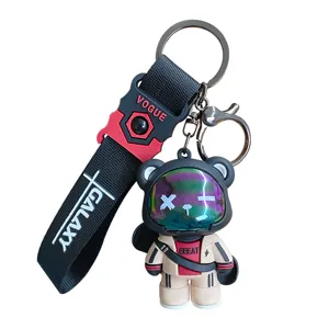 Trendy astronaut bear keychain with strap, metal ring, stylish bag charm and car key ring.