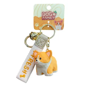 Cute wooden style Corgi dog keychain bag charm car key ring cute cartoon animal gift pendant