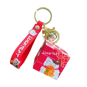 Lucky cat Rubik's cube keychain cute red mini 3x3 puzzle bag pendant car key ring gift