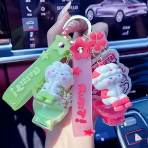 Cute Cartoon Rabbit Toilet Acrylic Keychain Liquid Floating Oil Quicksand Sequin Key Ring Pendant Car Bag Hanging Charm Ornament Gift