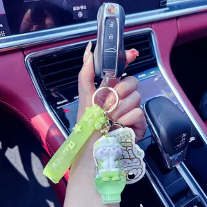 Cute liquid floating rabbit keychain car key pendant lovely cartoon bag charm accessory
