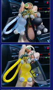 Crystal rhinestone rabbit keychain cartoon cute bag charm for car keys and backpacks.