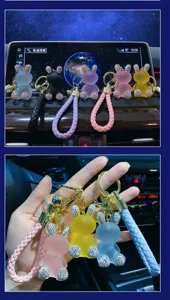 Cute crystal resin rhinestone bunny keychain with braided strap for women and car keys charm.