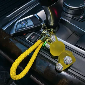 Yellow resin rhinestone rabbit keychain with braided strap cute cute bunny bag charm car key ring
