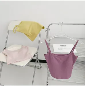 Ribbed knit camisole top for women with built-in chest pads, solid color basic tank top.