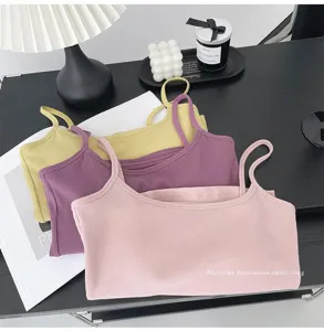 Women ribbed basic camisole top solid color knit sling vest detail view lifestyle flatlay