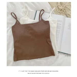 Detailed view of the ribbed knit camisole with built-in chest pad and double straps.