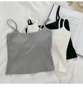 Ribbed knit camisole with chest pad, basic sling tank top in grey white black options.