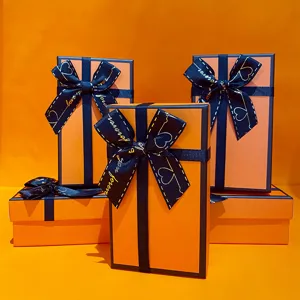 Luxus Orange Geschenkbox Mit Dunkelblauem Schleifenband Hochwertige Kreative Papierschachtel Für Geburtstag Party Lippenstift Schmuck Aufbewahrung