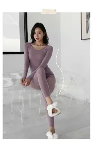 Conjunto ropa interior térmica mujer ligero morado top manga larga y mallas cómodas set