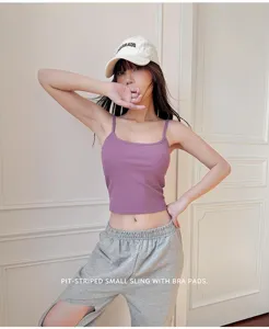 Detailed view of the women's ribbed knit camisole with built-in bra pads in purple.