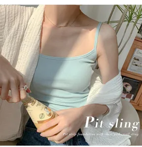 Cotton ribbed basic camisole with built-in chest pad, comfortable daily slip tank top detail.