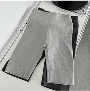 Ribbed seamless biker shorts detail, high waist cotton stretch short leggings, grey workout wear.