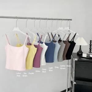 Women Ribbed Cotton Cami Tank Top With Built-In Chest Pad Sleeveless Flat Neck Basic Base Layer Slim Fit Knit Undershirt