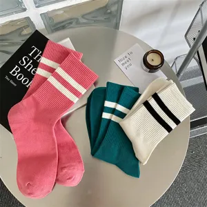 Women striped mid tube socks autumn winter fashion casual stacked socks detail view