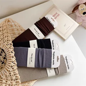 Solid color ribbed cotton women mid tube socks, soft and comfortable autumn winter daily wear.