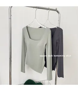 Donna manica lunga scollo quadrato maglia basic slim vestiti abbigliamento top moda