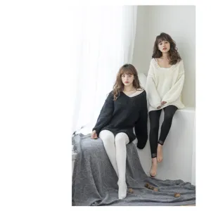 Detail shot of women's autumn winter thermal V-neck knit sweater and leggings set apparel.