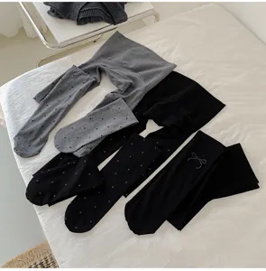 Otoño invierno mujer medias sin costuras lunares lazo lindo moda cálido negro gris calcetería.
