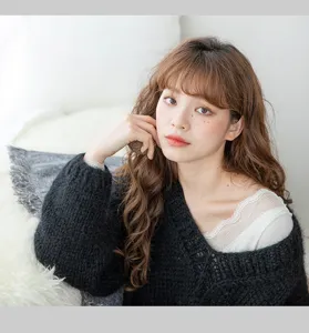 Women thermal V-neck black sweater with delicate white lace trim for autumn and winter.