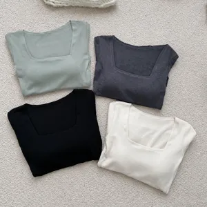 Maglia a coste con scollo quadrato e imbottitura, top manica lunga in fleece morbido.