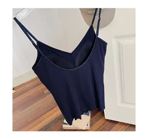 Women's dark blue ribbed V-neck camisole with built-in chest pads and elegant lettuce edge.