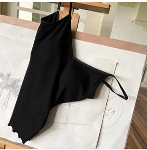 Black ribbed V-neck camisole top detail, slim fit sleeveless strap design for women summer.