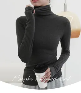 Womens dark grey thermal ribbed turtleneck long sleeve slim bottoming shirt detail view