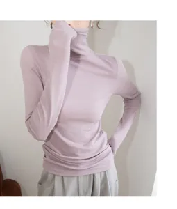 Women autumn winter thermal turtleneck ribbed long sleeve slim fit basic top purple